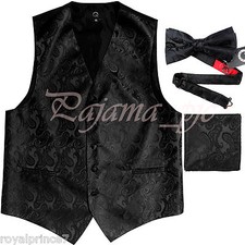 Black Paisley Vest Waistcoat  Bow tie Hanky Formal Wedding Prom Tuxedo Suit