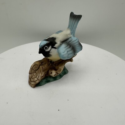 Vintage Porcelain Blue Jay Bird on Tree Log Collection Figurine Franklin Mint