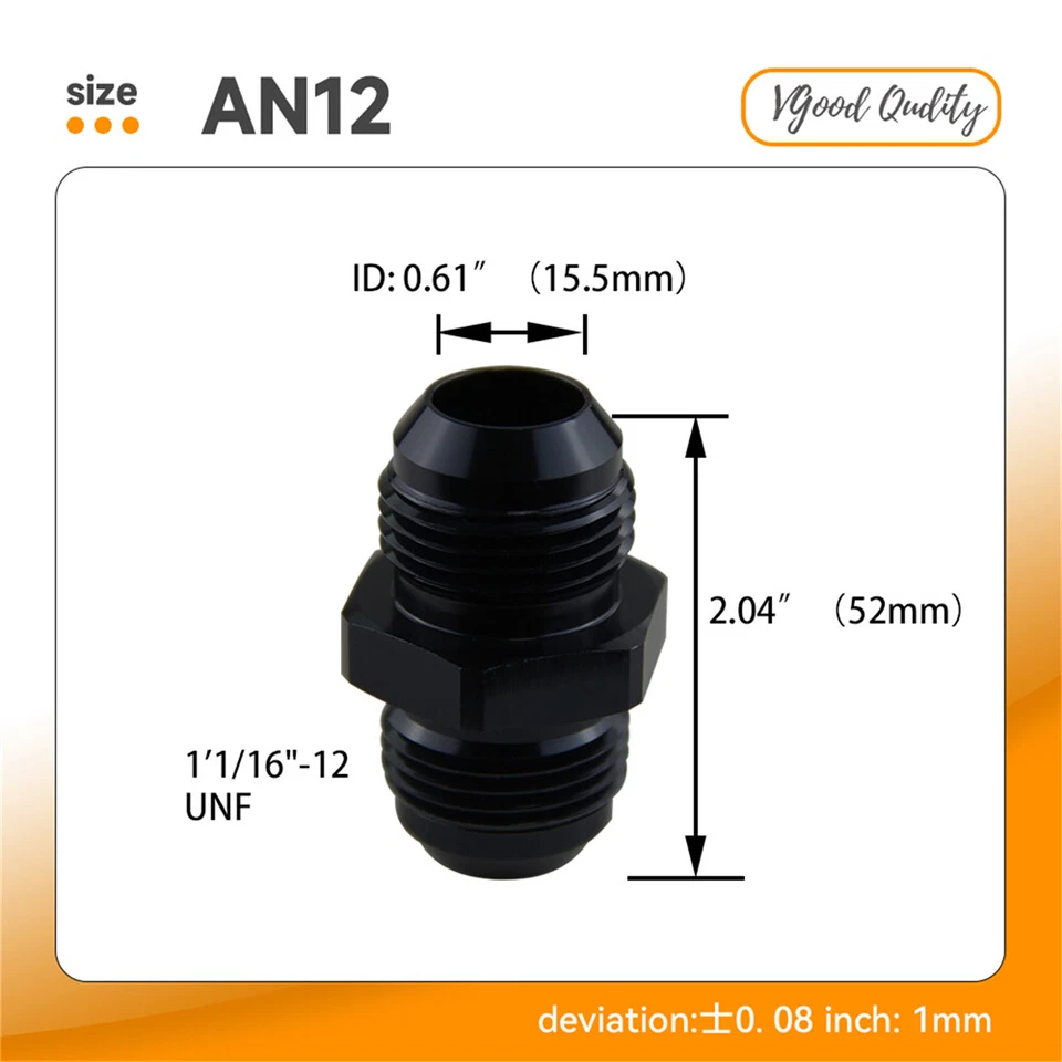 Adaptador de manguera de combustible recto de aluminio AN12 a AN12 2 PIEZAS 1'1/16"-12 negro Foto 4 de 4