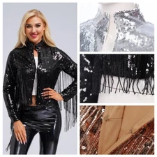 Womens Coat Y2K Outerwear Disco Jackets Crop Tops Tassel Cosplay Glitter Dance