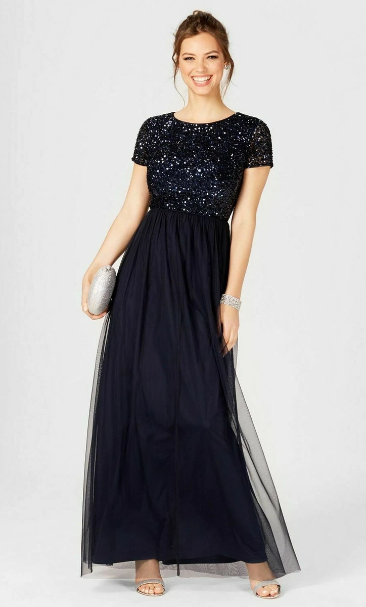 ADRIANNA PAPELL Sequin Tulle Maxi Dress Cap Sleeve Navy US 2 UK XS Prom  Party | eBay