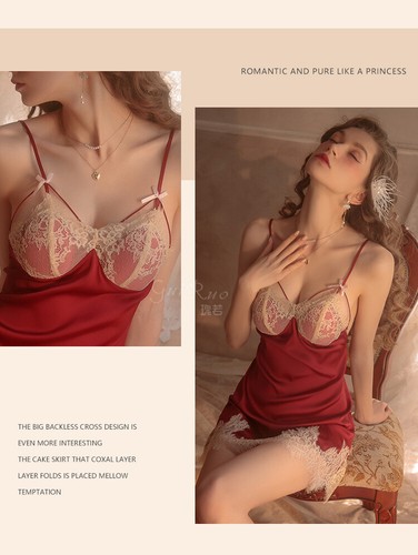Women Lingerie Satin Lace Plunge Open-Back Chemise Strap Slip Sleepwear Dress - Picture 4 of 15