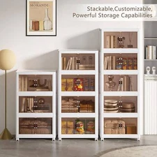3/4 Tier Folding Storage Cabinet Stackable Boxes with Magnetic Doors & Wheels