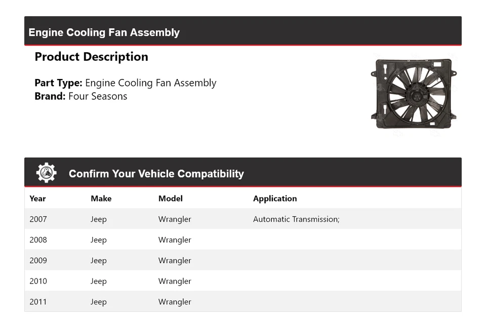 Conjunto de ventilador de refrigeración del motor Jeep Wrangler 2007-2011 4 estaciones 2008 2009 2010 Foto 2 de 4