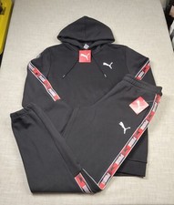 PUMA Mens Hoodie  Jogger Pants Set Fleece Logo Tape Black Red White M L XL