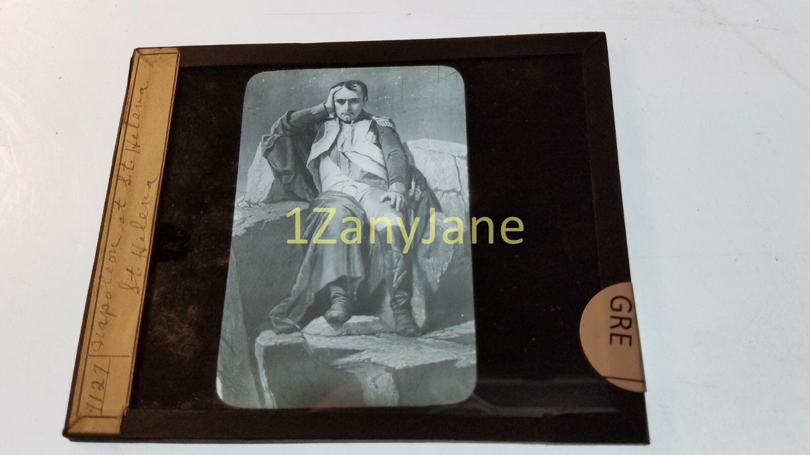 Foto diapositiva de linterna mágica de vidrio verde Napoleón en Santa Helena