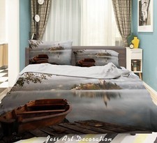 Set copripiumino trapuntato 3D barca lago case foresta paesaggio lenzuola