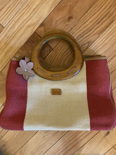New Relic Handbag Wooden Handles Shoulder Strap Ivory Rust Woven Pockets Snap  - Picture 1 of 11