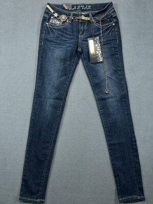 LA STAR NWT Jeans Womens Juniors 3 Blue Denim Skinny Bling Embellished Stud