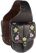 Beautiful Black Genuine Leather Western Trail Tooling Carving Horse Saddle Bag.