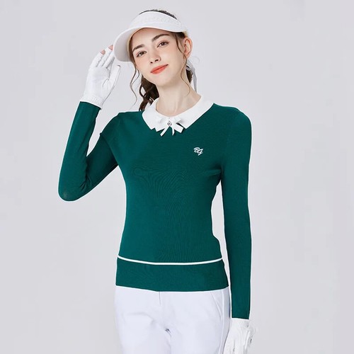 Women's High Elastic Knitted Sweater with Bowknot Collar for Slim Fit Sports - Picture 17 of 21