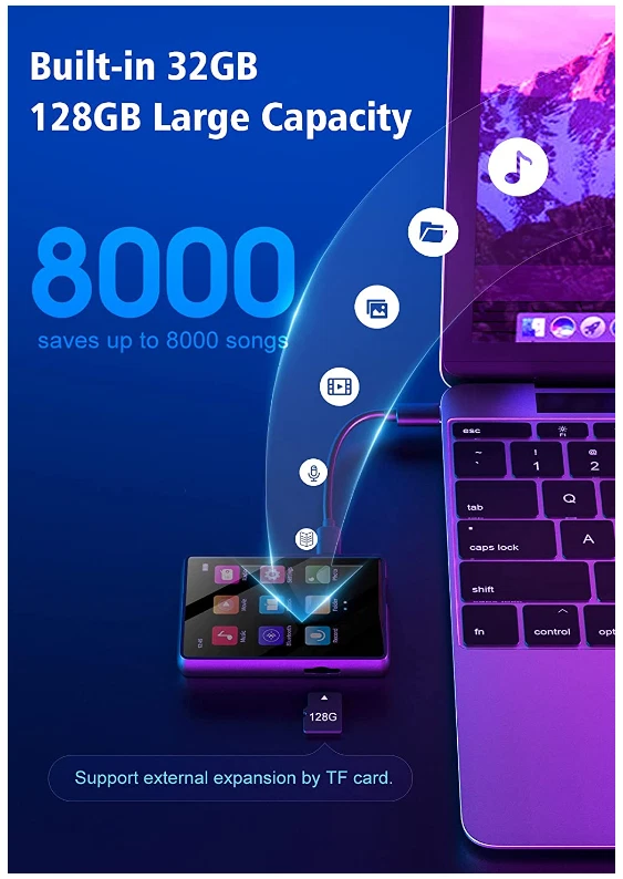 Lecteur MP3 Bluetooth 5.0 2.4" Tactile Baladeur 32Go Musique Hifi USB Radio FM - Photo 4/4