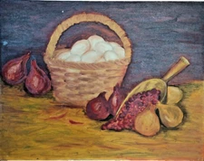 Vintage Original Artwork Still Life Painting Vegetables Eggs Basket Onions Beans