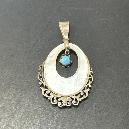 Antique Silver Metal Pendant Blue Stone Circle Mother of Pearl Art Nouveau
