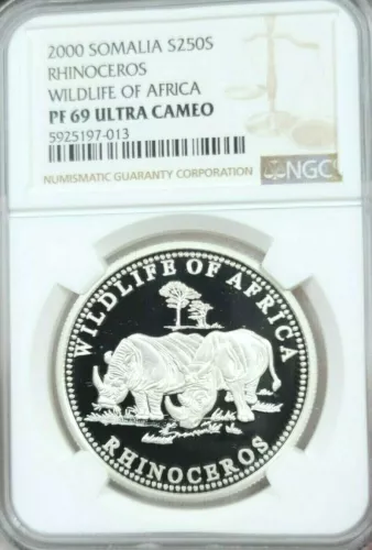 2000 SOMALIA SILVER 250 SHILLINGS RHINOCEROS NGC PF 69 ULTRA CAMEO SCARCE COIN