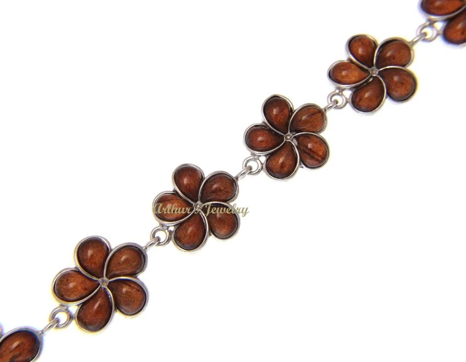 BRAZALETE ESLABÓN FLOR PLUMERIA MADERA KOA HAWAIANO CON INCRUSTACIÓN GENUINA PLATA 925 14 MM Foto 2 de 3