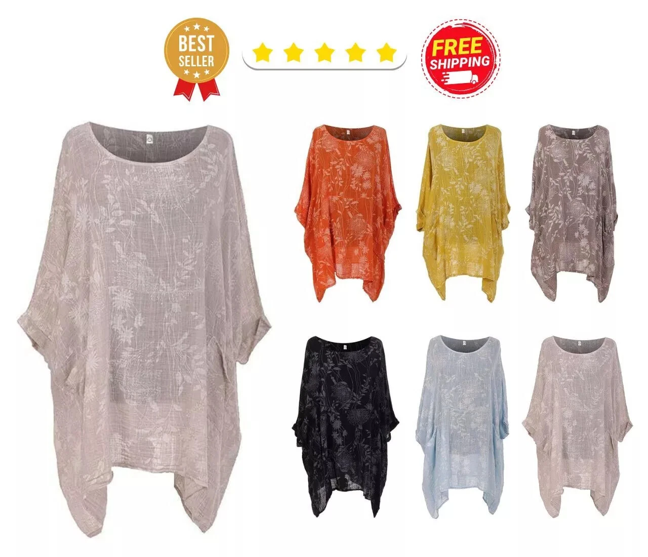 Ladies Italian Lagenlook Floral Print Batwing Cotton Top Womens Tunic Plus Size