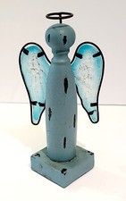 Rustic Angel Figurine Carved Wood With Wings And Halo 9 Tall Blue