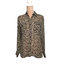 Floral Silky LS Tunic Top Blouse XS Brown/Cream Business Office Grannycore