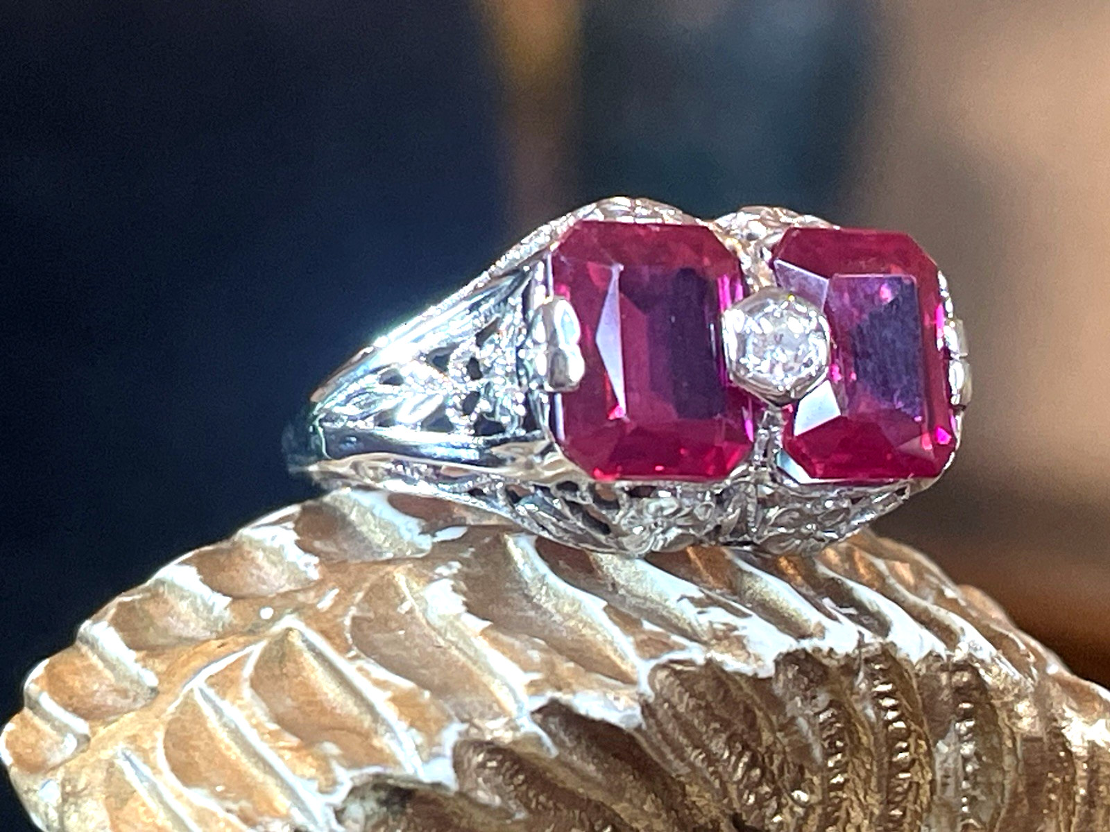 14K WHITE GOLD  LAB CREATED RUBY RING VICTORIAN F… - image 14