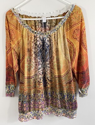 Chicos top blouse size 2 women large sublimation rhinestone boho paisley smocked