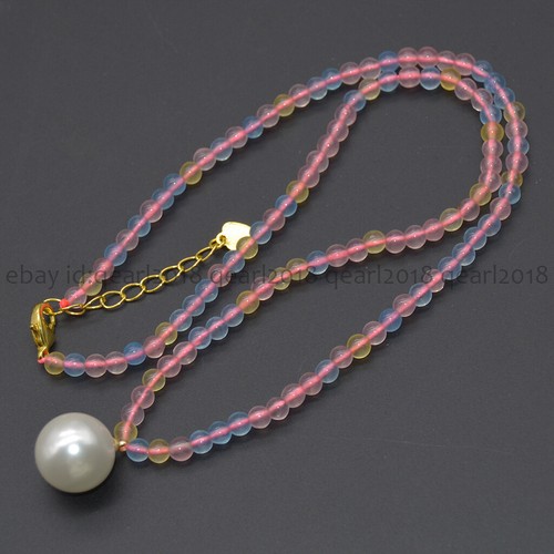 4mm Natural Assorted Gemstone 14mm Round White Shell Pearl Pendant Necklace 18'' - Picture 64 of 198