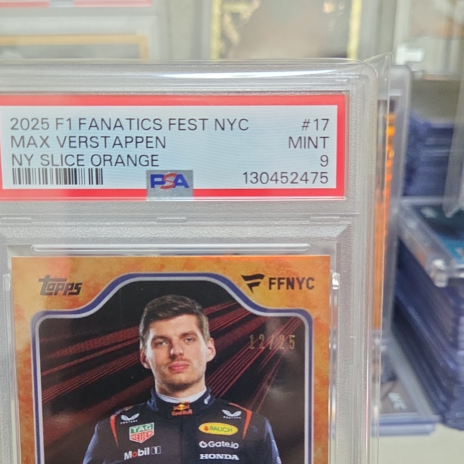 Topps 2025 F1 Fanatics Fest NYC Max Verstappen #17 NY Slice Orange 12/25 PSA 9 view 5