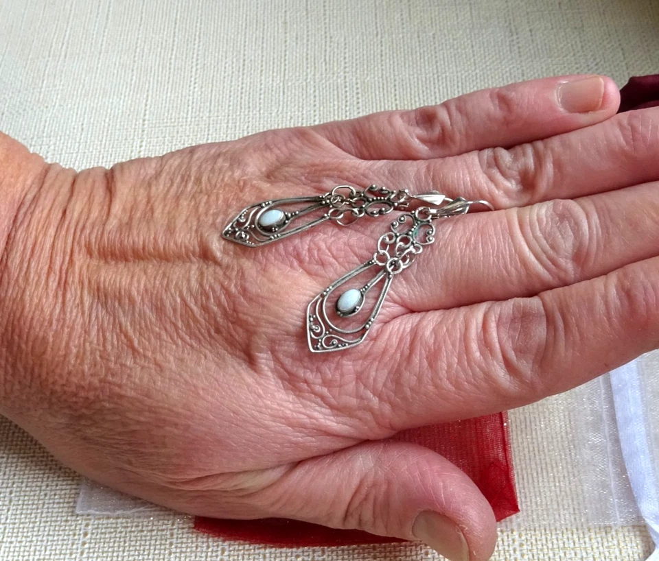 Filigrane Art Deco-Vintage 925 Silber Ohrhänger mit Milchopal! Traumhaft-ca 3,4g - Bild 3 von 4