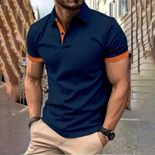 Men Contrast Color Polo Shirt Short Sleeve Casual Summer Lapel Top Fashion Tee