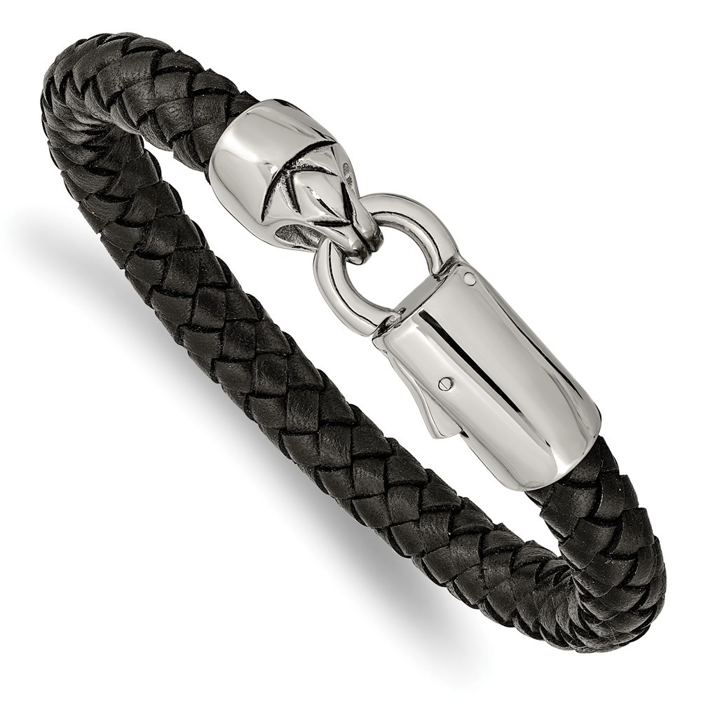 Stainless Steel Antiqued and Polished Black Braided Leather Bracelet 8.25