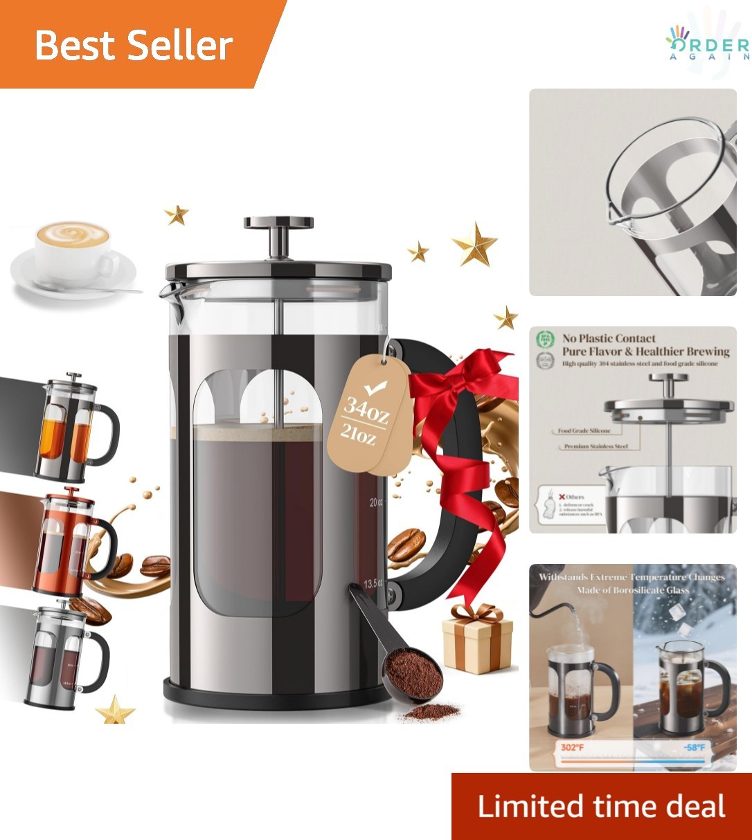 Coffee Maker 34oz Borosilicate Glass Stainless Steel Filter 
