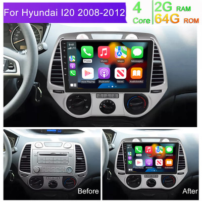 Apple Carplay Android 14 Autoradio GPS NAVI WiFi 2+64G Für Hyundai i20 2008-2012
