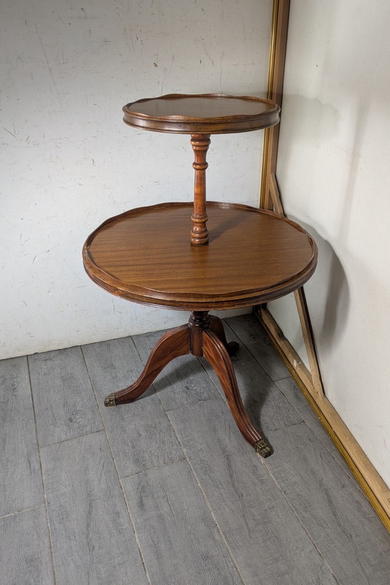 Vintage Mahogany 2-Tier Dumbwaiter Table Pie Crust Brass Claw Feet