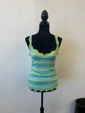 Vintage Wet Seal Tank Top Womens XS Green Blue Stripe Lace Trim Camisole Y2K