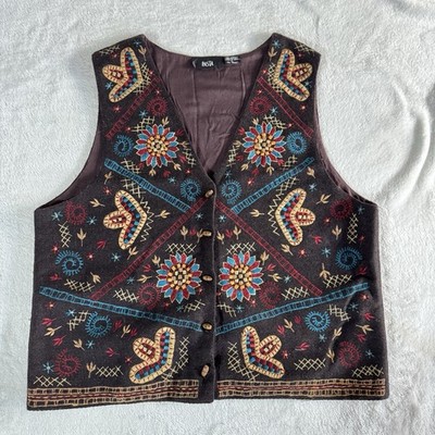 PASTA Embroidered Wool Vest Womens Large Brown Boho Folk Artisan Cottagecore