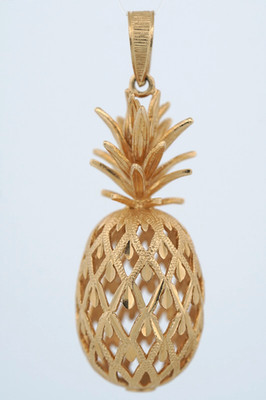 14k Gelbgold Massiv 3D Hawaiianische Ananas Frucht Charm Anhänger 2,5'' 15 Gramm