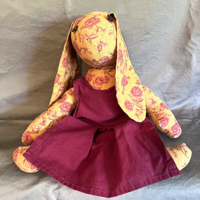 Vtg Lg Handmade Stuffed  Floppy Ear Bunny-Rabbit W/ Dress & Red Rose Fabric