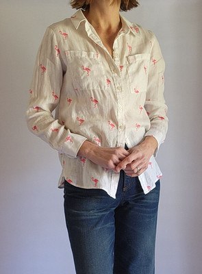 Boden embroidered linen button-up shirt, size 4, white w/ flamingo print