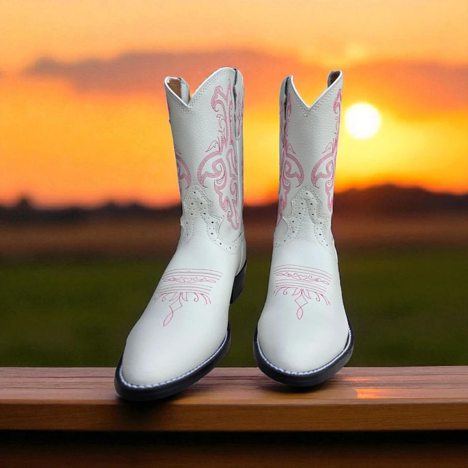 Justin Boots Kids 5.5 D Pink White Blush Leather Embroidered Western Boot JK101 - Image 2 of 4