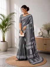 Ready to Wear Grey Cotton Saree For Women Sari With Unstitched Blouse Gift