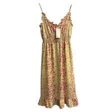 Sienna Sky Y2K Dress L Green Pink Floral Babydoll Chiffon Smock Maxi Homecoming