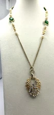 Gold Tone Ivory Faux Pearl Green Crystal Necklace W/ Crystal Pendant Made By Me