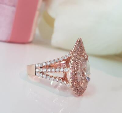 DOUBLE FLOATING HALO Pear Moissanite ENGAGEMENT RING 14K