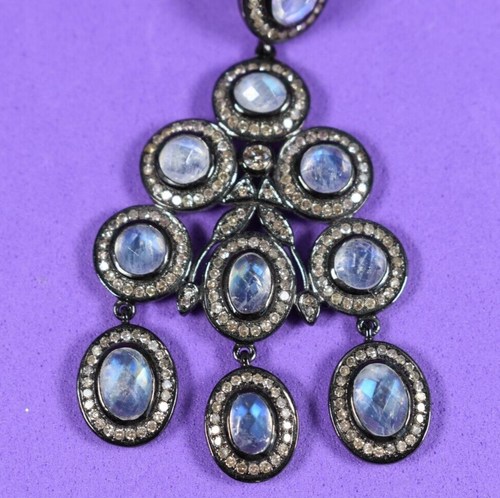 Diamond &Moonstone Faceted Chandelier Japanned 925 Silver Pierced Earrings - Picture 11 of 20