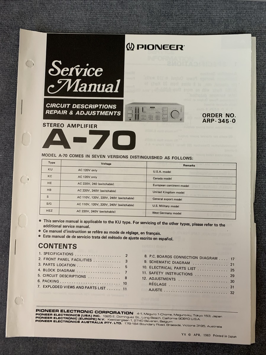 Pioneer A-70 Service Manual [Original w/Schematics, Diagrams