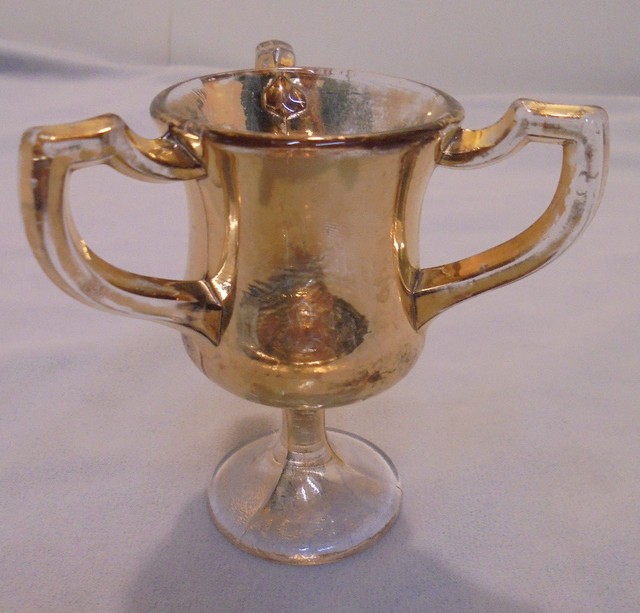 Toothpick Holder Three Handles, Clear & Gold 2.75" Across Top 3.25