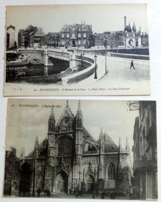 2 KARTEN ca1900;DUNKERQUE;DUNKIRK;EGLISE ST ELOI;PONT THIERS;AVENUE DE LA GARE