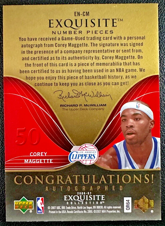 COREY MAGGETTE 2006-07 Exquisita Colección Parche Número Piezas Autógrafo 02/50 Foto 2 de 2