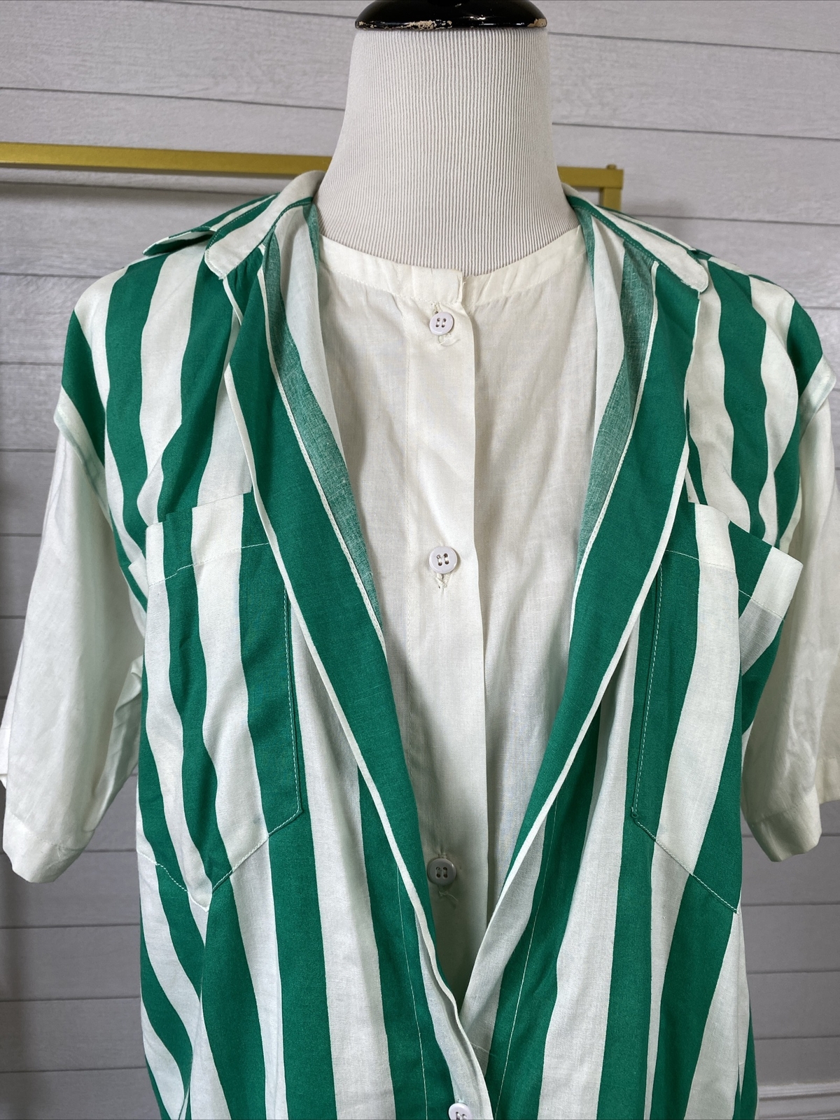 Vintage 80s MIDDY British Raj Women’s Green Striped Button Up Double