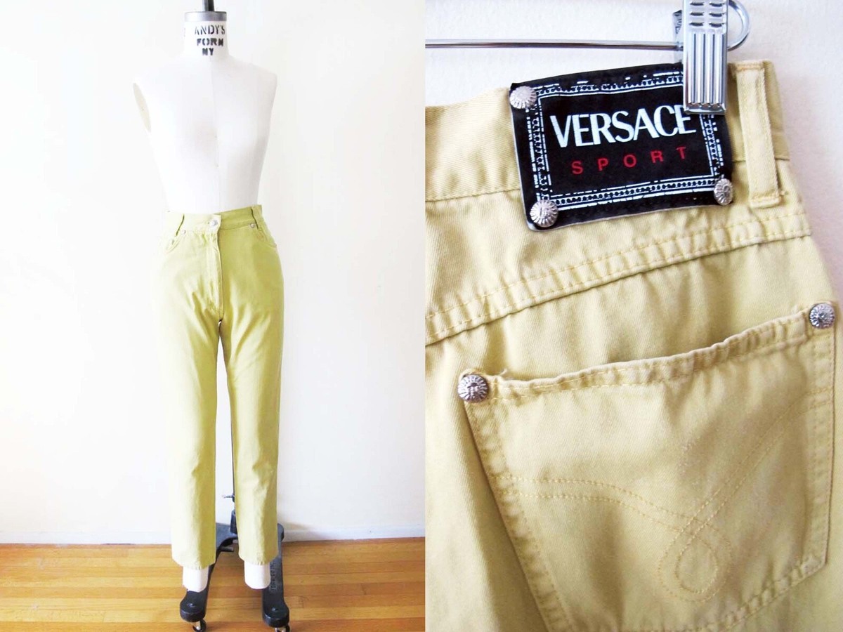 Vtg 90s Versace Sport Womens Jeans 26 Green Yellow High Waist Tapered Leg |  eBay